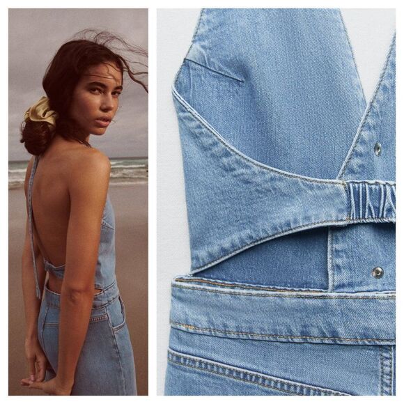 ZARA DENIM HALTER NECK JUMPSUIT - Picture 2 of 7